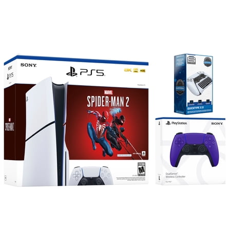 Sony PlayStation 5 Slim Disc Marvel’s Spider-Man 2 Bundle with Extra Galactic Purple Controller and Surge Wireless Keypad