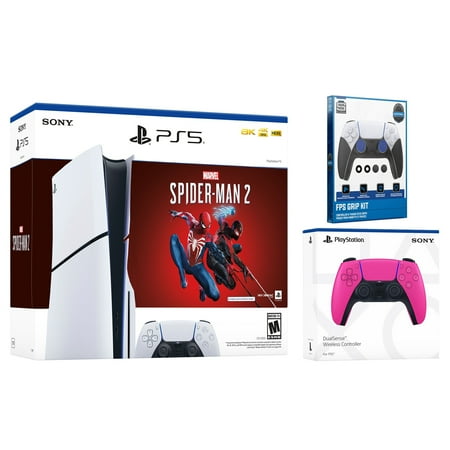 Sony PlayStation 5 Slim Disc Marvel’s Spider-Man 2 Bundle with Extra Nova Pink Controller and Surge FPS Grip Kit