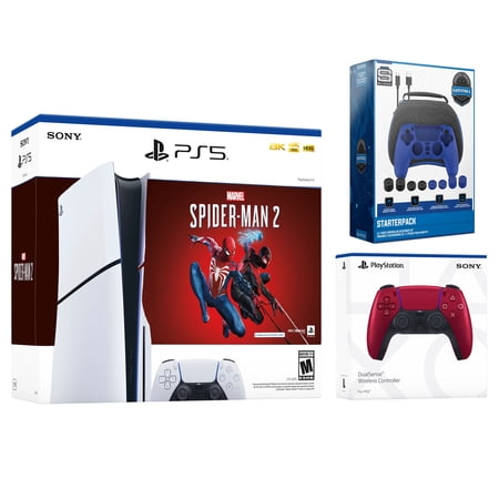Sony PlayStation 5 Slim Disc Marvel’s Spider-Man 2 Bundle with Extra Volcanic Red Controller and Surge Gamer Starter Kit