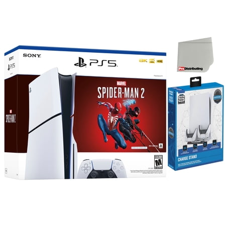 Sony PlayStation 5 Slim Disc Marvel’s Spider-Man 2 Bundle with Surge USB Hub Charging Stand and Microfiber Screen Cleaner