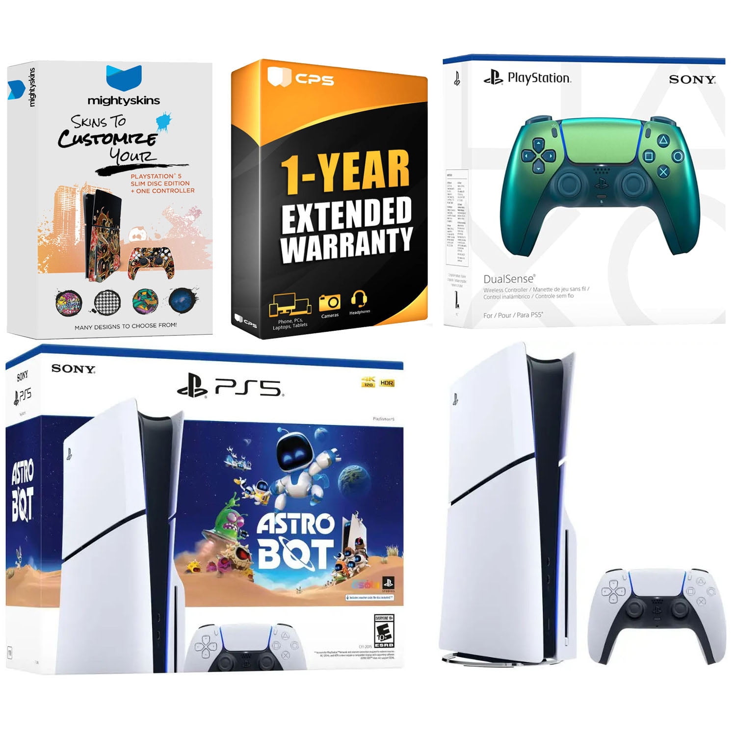 Sony PlayStation 5 Slim Disc PS5 Astro Bot Bundle with Extra Chroma Teal Controller and MightySkins Voucher
