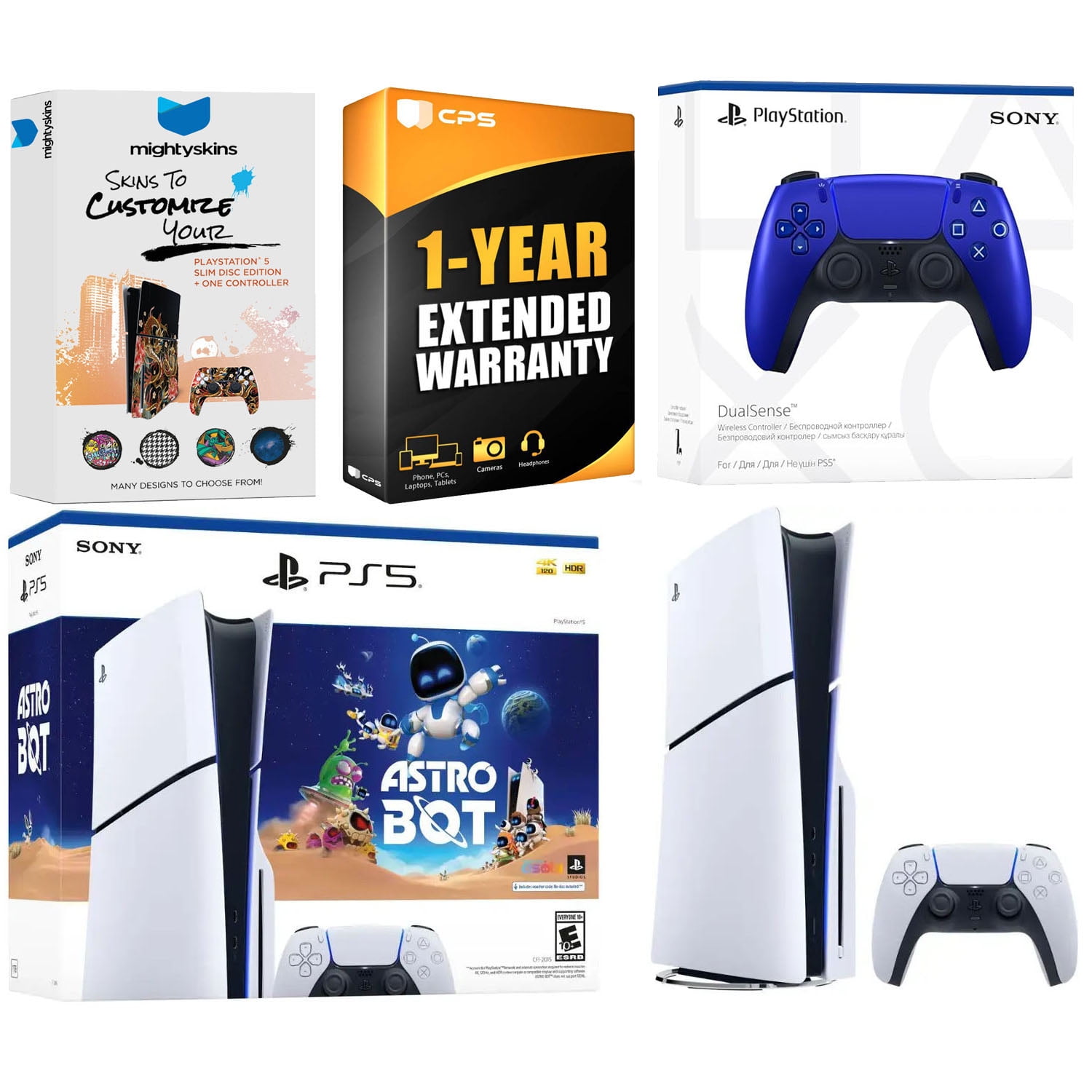 Sony PlayStation 5 Slim Disc PS5 Astro Bot Bundle with Extra Cobalt Blue Controller and MightySkins Voucher