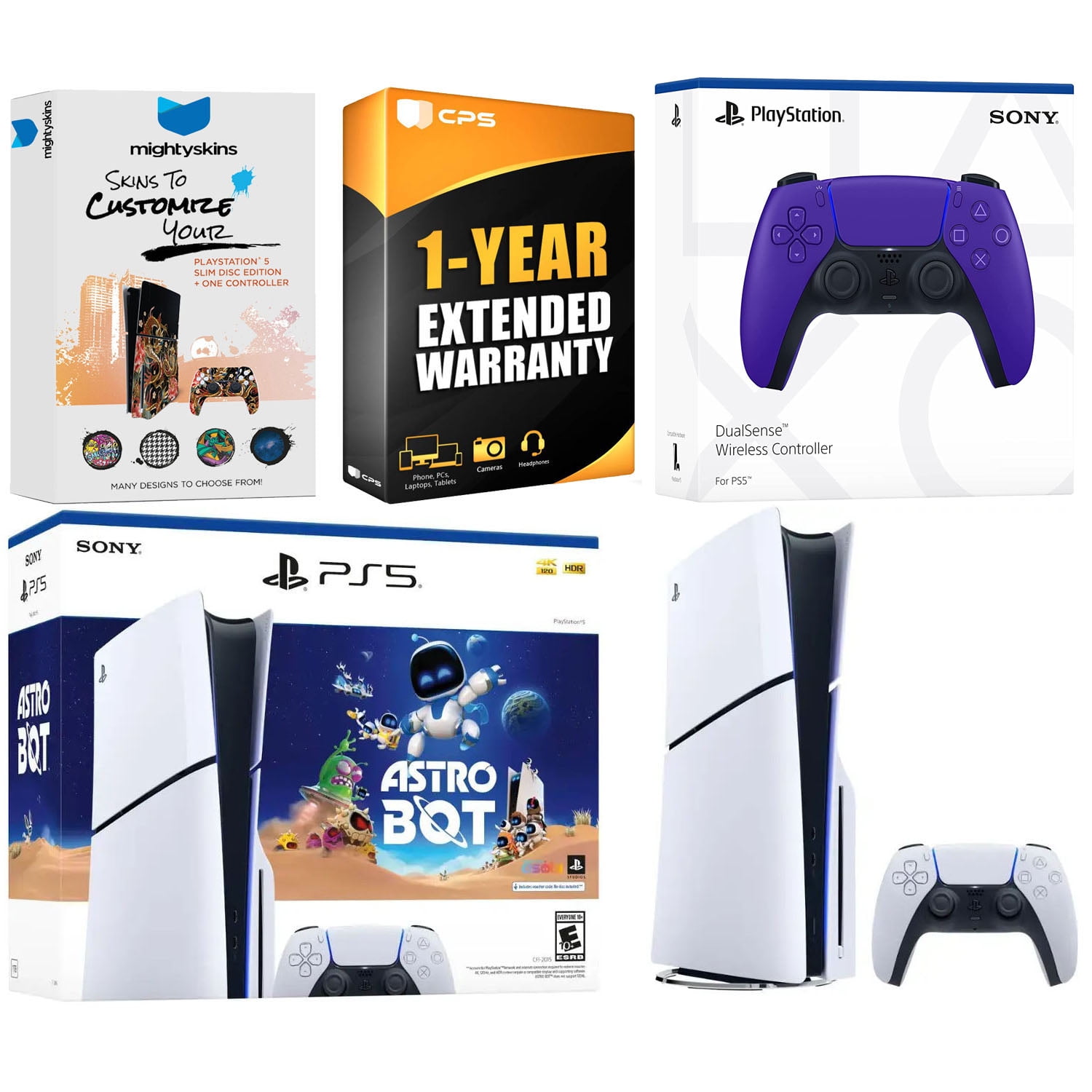 Sony PlayStation 5 Slim Disc PS5 Astro Bot Bundle with Extra Galactic Purple Controller, MightySkins Voucher and 1 Year Extended Warranty