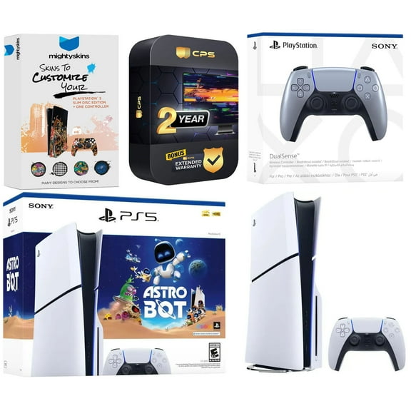 Sony PlayStation 5 Slim Disc PS5 Astro Bot Bundle with Extra Sterling Silver Controller, MightySkins Voucher and 2 Year Extended Warranty