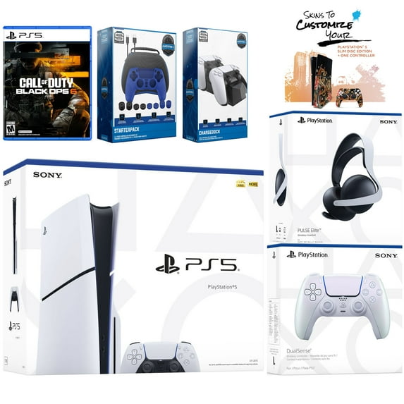 Sony PlayStation 5 Slim Disc PS5 with Call of Duty: Black Ops 6, Extra Chroma Pearl Controller, Pulse Elite Headset, Gamer Starter Pack, Dual Charge Dock and MightySkins Voucher Bundle