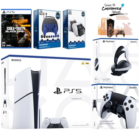 Sony PlayStation 5 Slim Disc PS5 with Call of Duty: Black Ops 6, Extra EDGE Controller, Pulse Elite Headset, Gamer Starter Pack, Dual Charge Dock and MightySkins Voucher Bundle