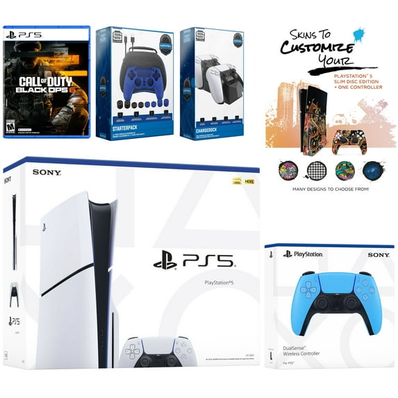 Sony PlayStation 5 Slim Disc PS5 with Call of Duty: Black Ops 6, Extra Starlight Blue Controller, Gamer Starter Pack, Dual Charge Dock and MightySkins Voucher Bundle
