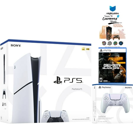Sony PlayStation 5 Slim Disc PS5 with Call of Duty Black Ops 6, Extra Chroma Pearl Controller and MightySkins Voucher Bundle