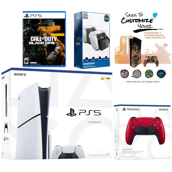 Sony PlayStation 5 Slim Disc with Call of Duty Black Ops 6, Extra Volcanic Red Controller, Dual Charge Dock and MightySkins Voucher Bundle
