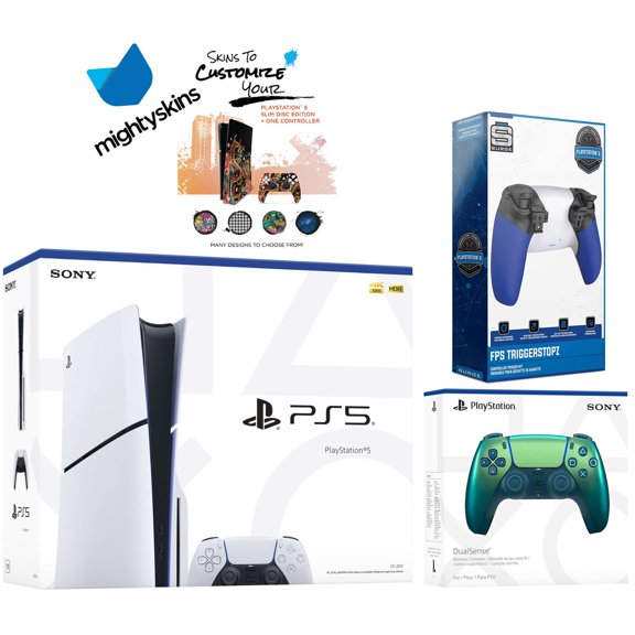 Sony PlayStation 5 Slim Disc with Extra Chroma Teal Controller, Trigger Stop Kit and MightySkins Decal Voucher