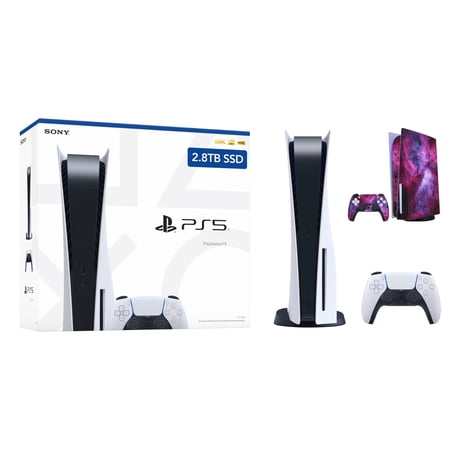 Sony PlayStation 5 Upgraded 2.8TB PCIe Gen 4 NVNe SSD Gaming Console Disc Drive Version, Controller Mytrix Customized Full Body Skins -Cosmic Galaxy - PS5 Disc Version JP Region Free