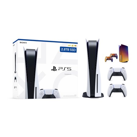 Sony PlayStation 5 Upgraded 2.8TB PCIe Gen 4 NVNe SSD Gaming Console Disc Version AMD Ryzen Zen 8 Core CPU with 2 Wireless Controllers Mytrix Customized Full Body Skins - Orange Purple Fade