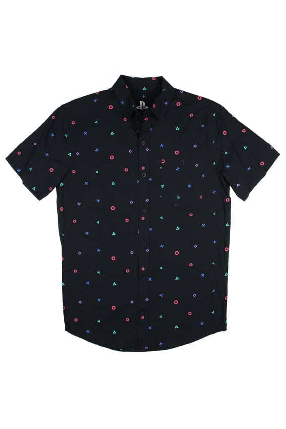 Sony PlayStation Mens' Controller Icon Allover Print Woven Button Up Shirt, S Adult