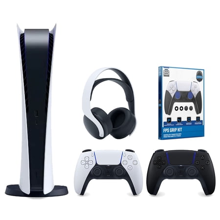 Sony Playstation 5 Digital Edition Console with Extra Black Controller, White PULSE 3D Headset and Surge FPS Grip Kit With Precision Aiming Rings Bundle