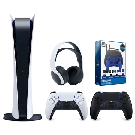 Sony Playstation 5 Digital Edition Console with Extra Black Controller, White PULSE 3D Headset and Surge Pro Gamer Starter Pack 11-Piece Accessory Bundle