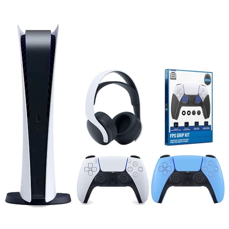 Sony Playstation 5 Digital Edition Console with Extra Blue Controller, White PULSE 3D Headset and Surge FPS Grip Kit With Precision Aiming Rings Bundle