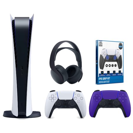 Sony Playstation 5 Digital Edition Console with Extra Purple Controller, Black PULSE 3D Headset and Surge FPS Grip Kit With Precision Aiming Rings Bundle
