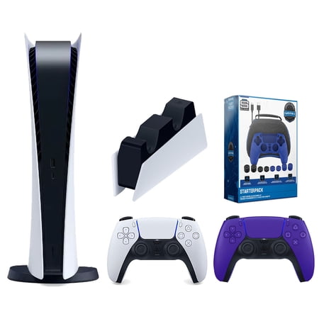 Sony Playstation 5 Digital Edition Console with Extra Purple Controller, DualSense Charging Station and Surge Pro Gamer Starter Pack 11-Piece Accessory Bundle