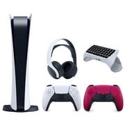 Sony Playstation 5 Digital Edition Console with Extra Red Controller, White PULSE 3D Headset and Surge QuickType 2.0 Wireless PS5 Controller Keypad Bundle