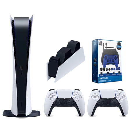 Sony Playstation 5 Digital Edition Console with Extra White Controller, DualSense Charging Station and Surge Pro Gamer Starter Pack 11-Piece Accessory Bundle