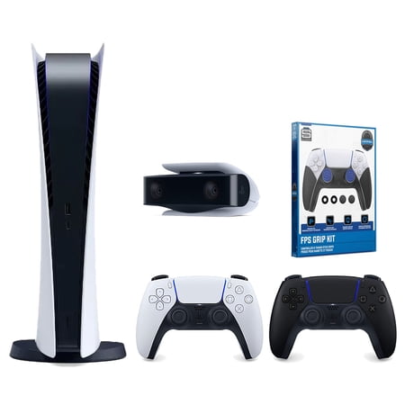 Sony Playstation 5 Digital Edition Console with Extra Black Controller, 1080p HD Camera and Surge FPS Grip Kit With Precision Aiming Rings Bundle