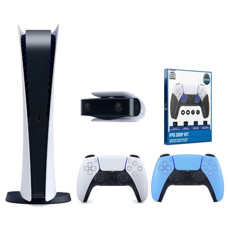 Sony Playstation 5 Digital Edition Console with Extra Blue Controller, 1080p HD Camera and Surge FPS Grip Kit With Precision Aiming Rings Bundle