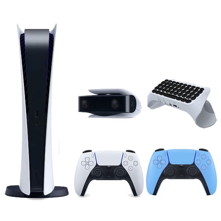 Sony Playstation 5 Digital Edition Console with Extra Blue Controller, 1080p HD Camera and Surge QuickType 2.0 Wireless PS5 Controller Keypad Bundle