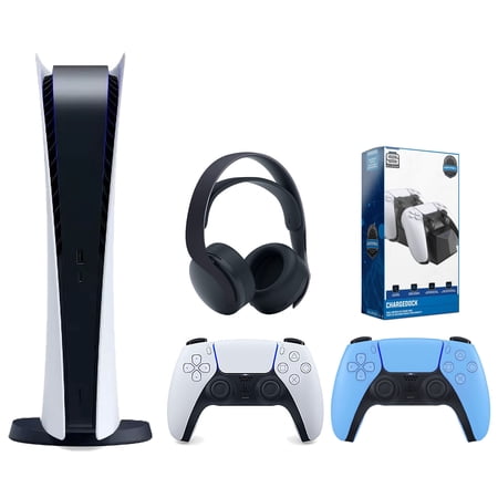Sony Playstation 5 Digital Edition Console with Extra Blue Controller, Black PULSE 3D Headset and Surge Dual Controller Charge Dock Bundle