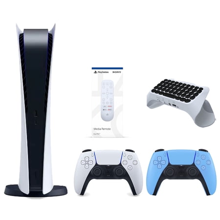 Sony Playstation 5 Digital Edition Console with Extra Blue Controller, Media Remote and Surge QuickType 2.0 Wireless PS5 Controller Keypad Bundle
