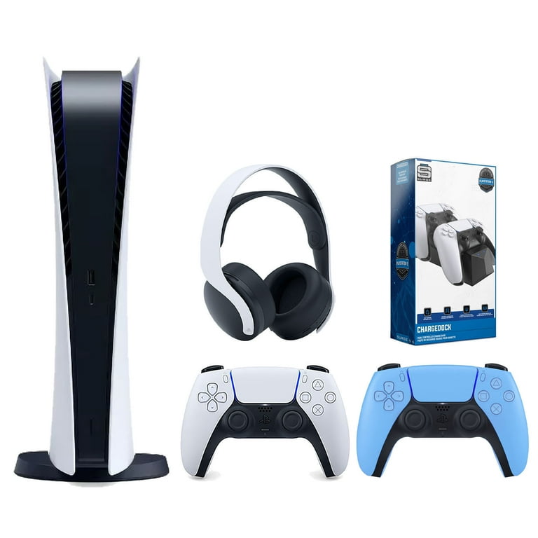 Sony Playstation 5 Digital Edition Console with Extra Blue Controller,  White PULSE 3D Headset and Surge Dual Controller Charge Dock Bundle