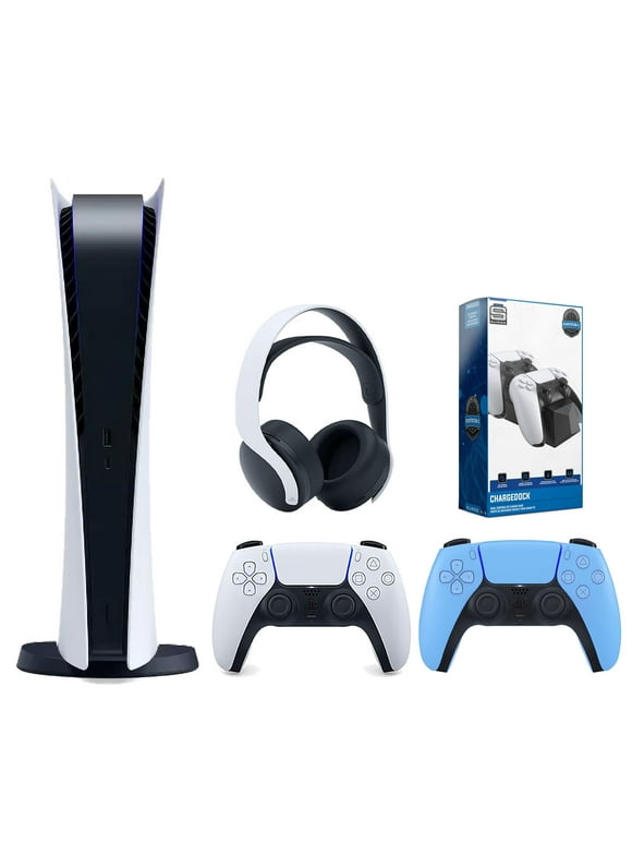 Sony Playstation 5 Digital Edition Console with Extra Blue Controller, White PULSE 3D Headset and Surge Dual Controller Charge Dock Bundle