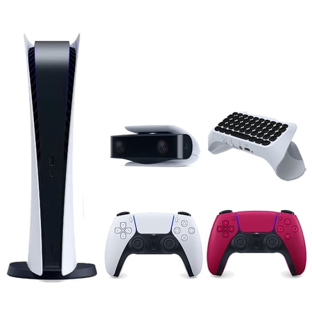 Sony Playstation 5 Digital Edition Console with Extra Red Controller, 1080p HD Camera and Surge QuickType 2.0 Wireless PS5 Controller Keypad Bundle