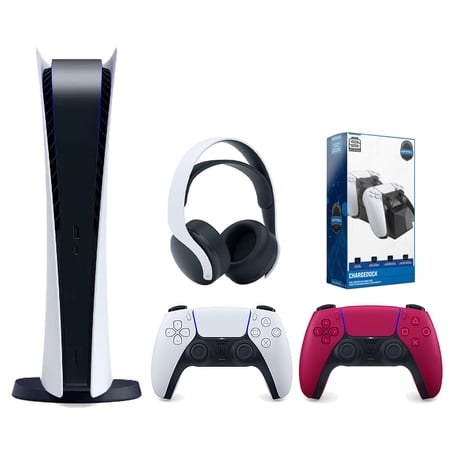 Sony Playstation 5 Digital Edition Console with Extra Red Controller, White PULSE 3D Headset and Surge Dual Controller Charge Dock Bundle