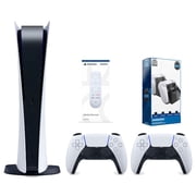 Sony Playstation 5 Digital Edition Console with Extra White Controller, Media Remote and Surge Dual Controller Charge Dock Bundle