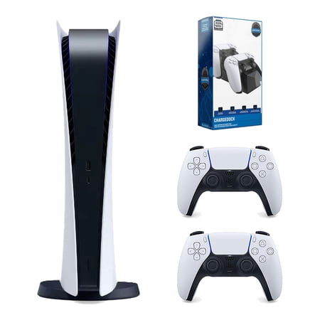 Sony Playstation 5 Digital Edition Console with Extra White Controller and Surge Dual Controller Charge Dock Bundle
