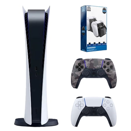 Sony Playstation 5 Digital Edition with Extra Gray Camo Controller and Dual Charging Dock Bundle