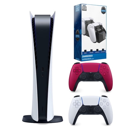 Sony Playstation 5 Digital Version Console (Sony PS5 Digital) with Cosmic Red Extra Controller and Dual Charging Station Bundle