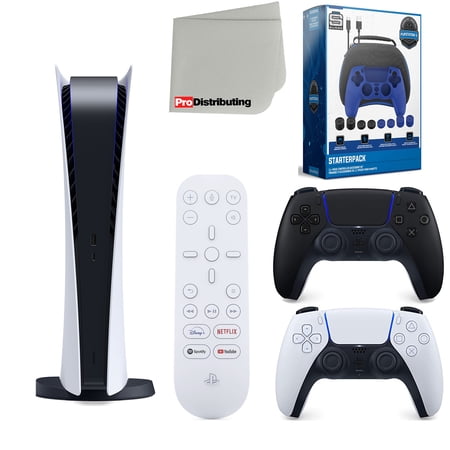 Sony Playstation 5 Digital Version (Sony PS5 Digital) with Midnight Black Extra Controller, Media Remote, Accessory Starter Kit and Microfiber Cleaning Cloth Bundle