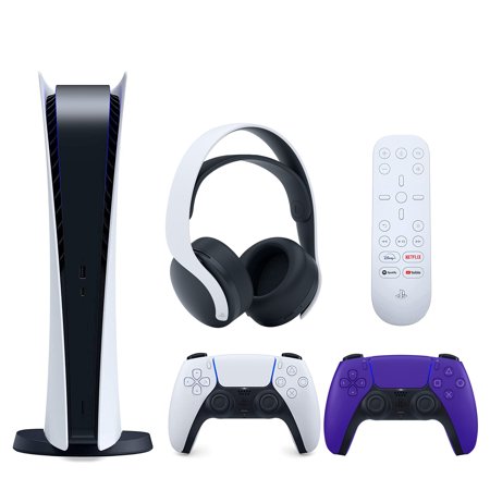 Sony Playstation 5 Digital Version (Sony PS5 Digital) with Extra Galactic Purple Controller, White PULSE 3D Headset and Media Remote Bundle