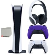 Sony Playstation 5 Digital Version (Sony PS5 Digital) with Extra Galactic Purple Controller and White PULSE 3D Headset Bundle with Cleaning Cloth