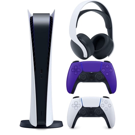 Sony Playstation 5 Digital Version (Sony PS5 Digital) with Extra Galactic Purple Controller and White PULSE 3D Headset Bundle