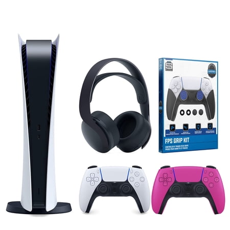 Sony Playstation 5 Digital Version (Sony PS5 Digital) with Extra Nova Pink Controller, Black Pulse 3D Headset and Control Grip Pack Bundle