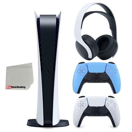 Sony Playstation 5 Digital Version (Sony PS5 Digital) with Extra Starlight Blue Controller, White PULSE 3D Headset Bundle with Cleaning Cloth
