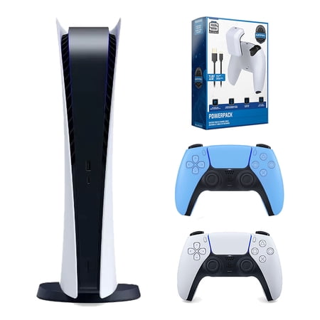 Sony Playstation 5 Digital with Extra Controller and Surge Battery Pack Bundle - Starlight Blue