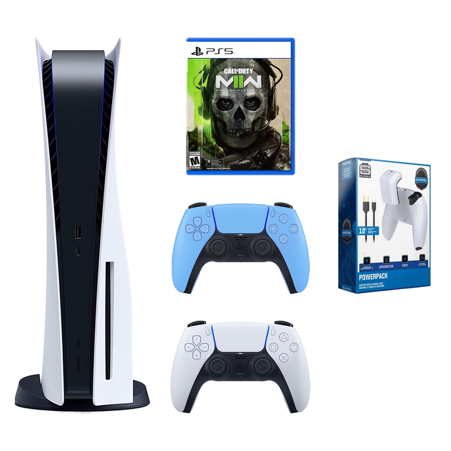 Sony Playstation 5 Digital Edition Console with Extra Blue Controller,  White PULSE 3D Headset and Surge Dual Controller Charge Dock Bundle 