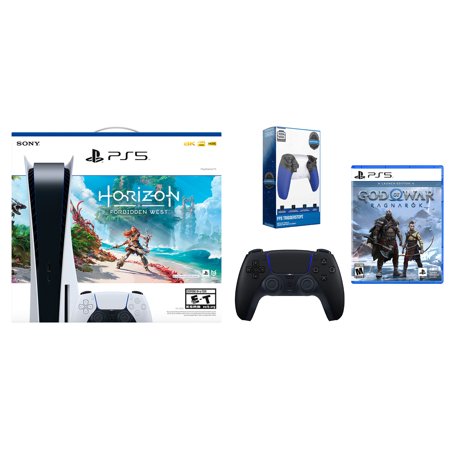 Sony Playstation 5 Disc Horizon Forbidden West with God of War Ragnarök Launch Edition, Extra Controller and Trigger Kit Bundle - Midnight Black