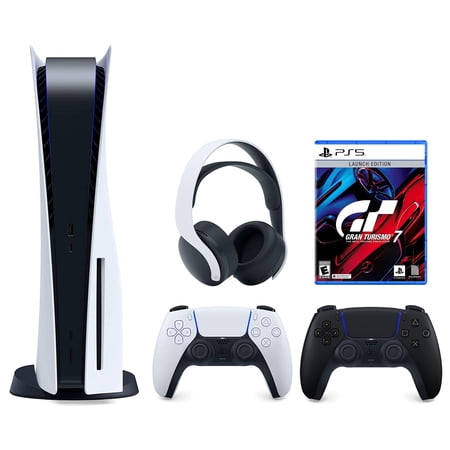Sony Playstation 5 Disc (PS5 Disc) with Extra Black Controller, Gran Turismo 7 Launch Edition and White PULSE 3D Headset Bundle
