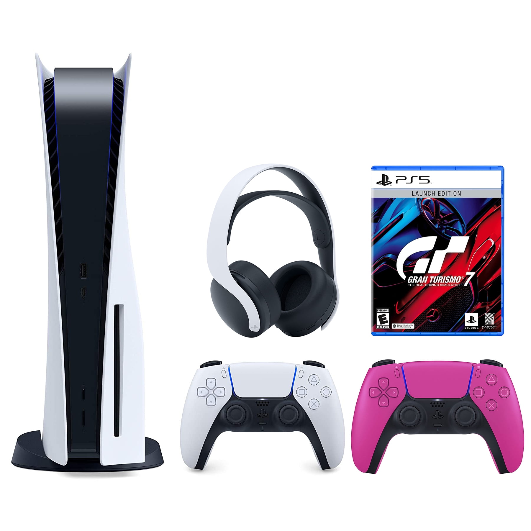 Sony Playstation 5 Disc (PS5 Disc) with Extra Pink Controller, Gran Turismo  7 Launch Edition and White PULSE 3D Headset Bundle