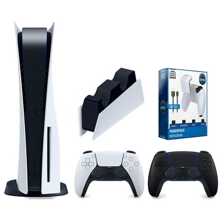 Sony Playstation 5 Disc Version Console with Extra Black Controller, DualSense Charging Station and Surge PowerPack Battery Pack & Charge Cable Bundle