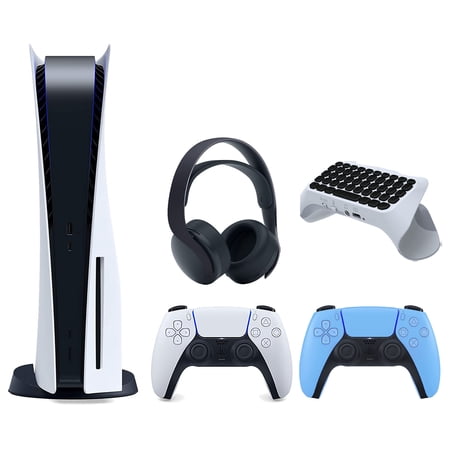 Sony Playstation 5 Disc Version Console with Extra Blue Controller, Black PULSE 3D Headset and Surge QuickType 2.0 Wireless PS5 Controller Keypad Bundle